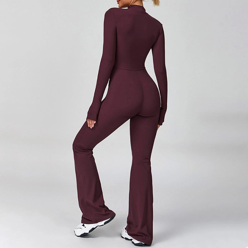 Half zipper flared leg yoga jumpsuit