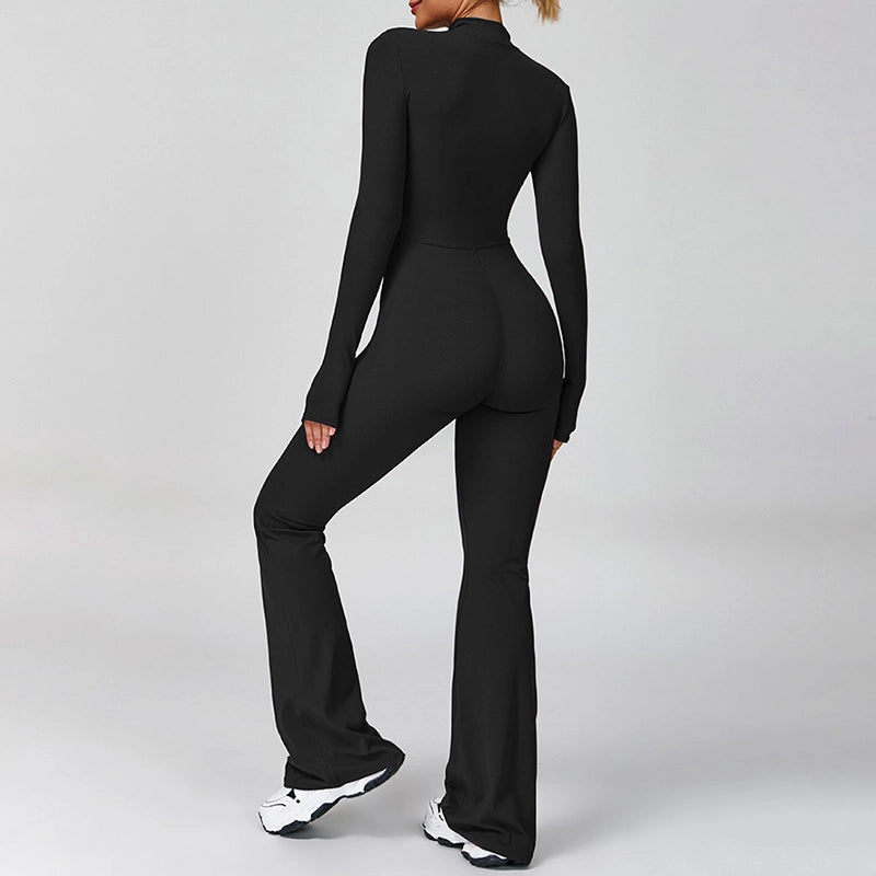 Half zipper flared leg yoga jumpsuit