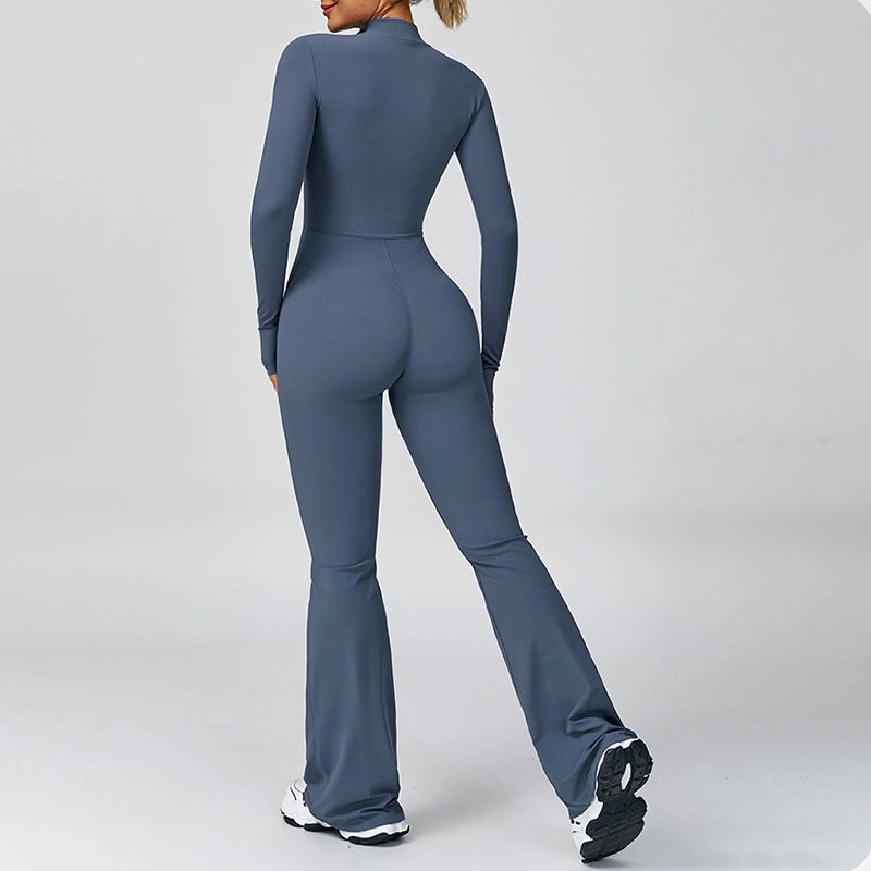 Half zipper flared leg yoga jumpsuit