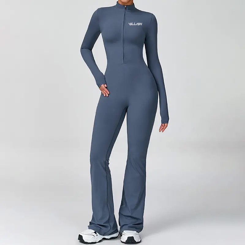 Half zipper flared leg yoga jumpsuit