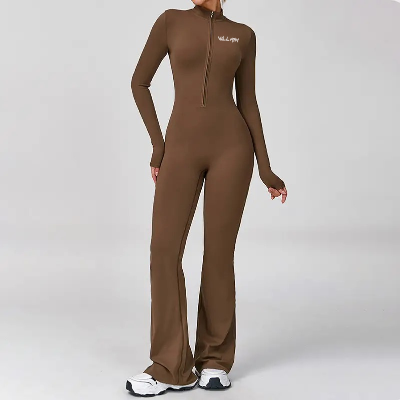 Half zipper flared leg yoga jumpsuit