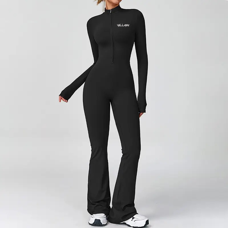 Half zipper flared leg yoga jumpsuit